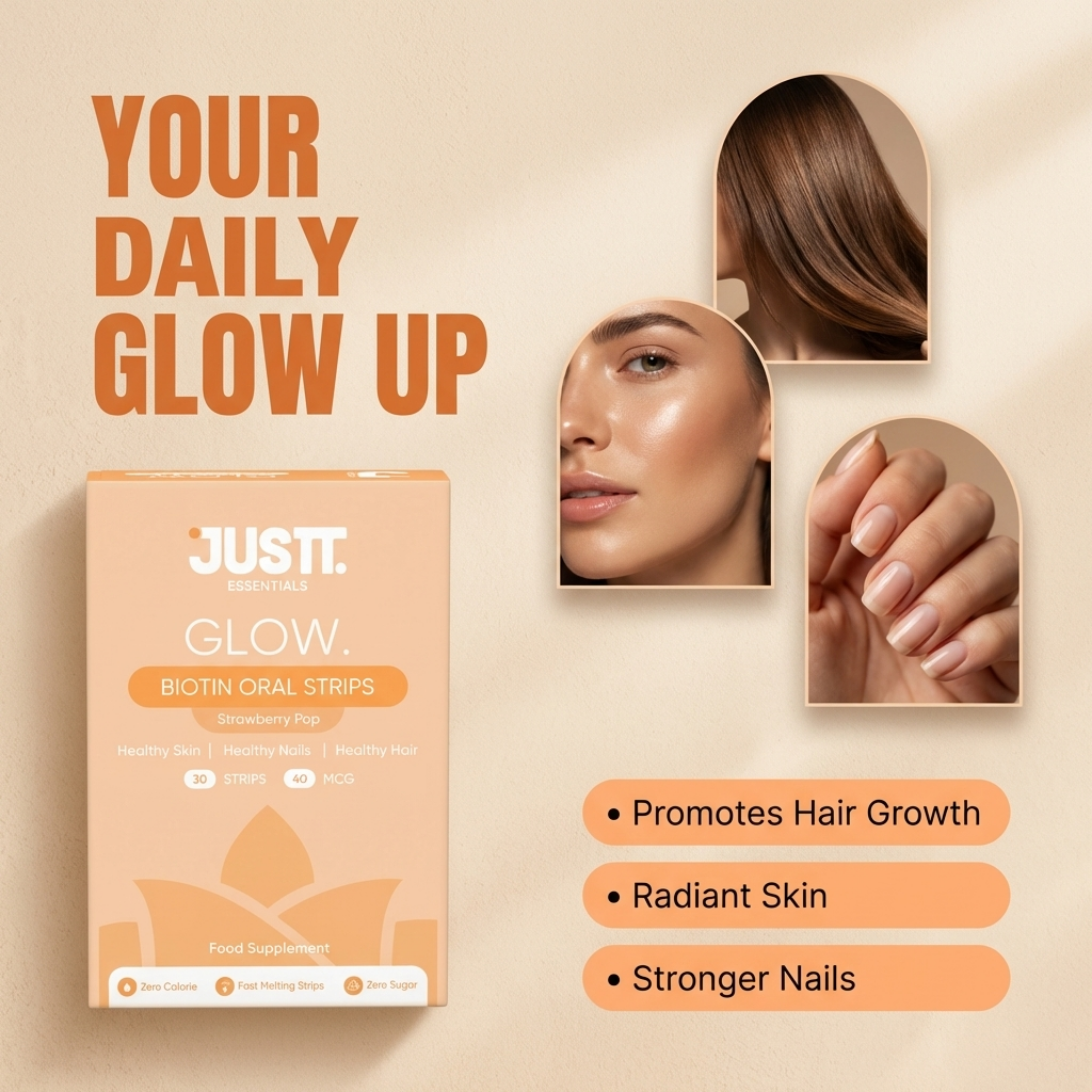 Justt Glow, Biotin (Sesbania Extract 10000mg), Helps improve hair health, glowing Skin and stronger nails